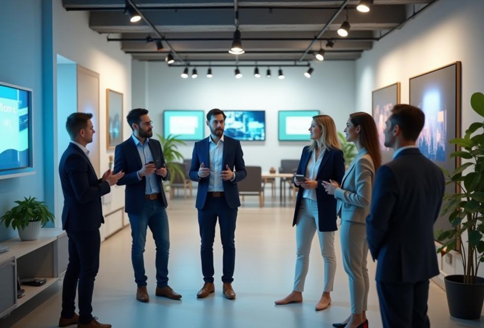 Netherlands team consulting with customers in a modern smart home showroom